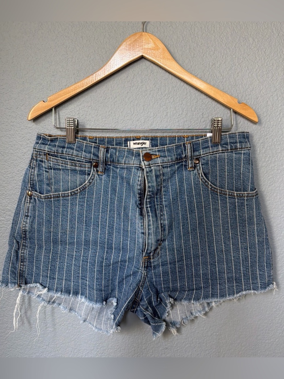 Wrangler Pinstripe Denim Cutoff Shorts in Blue